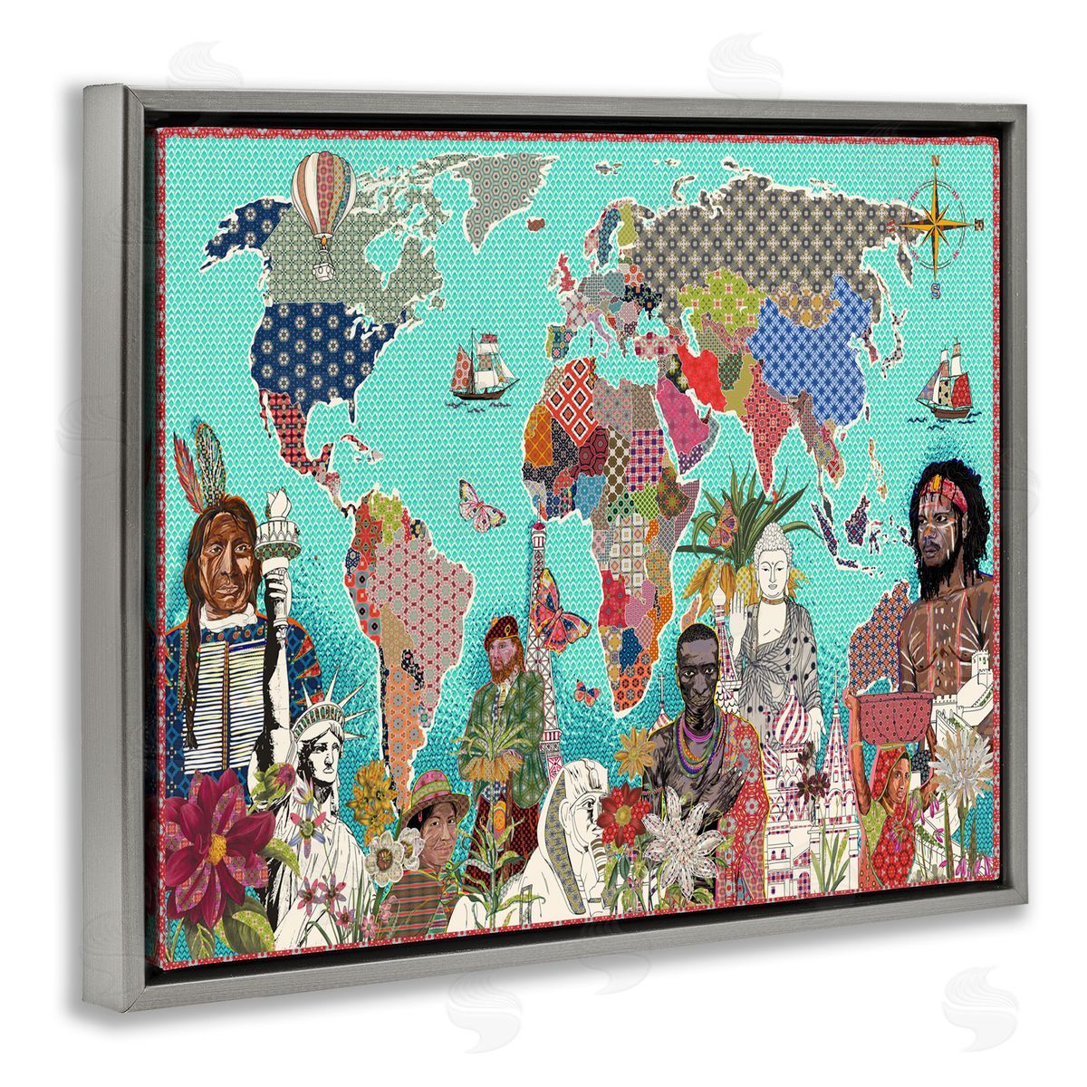 Sangita Bachelet Geometric Pattern World Map Gray Floater Frame Canvas Art