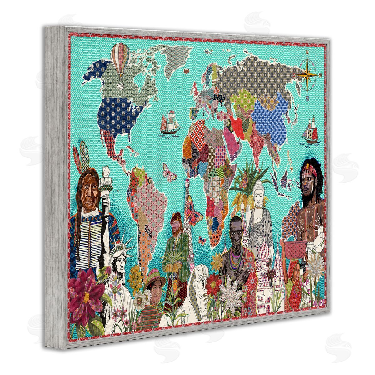 Sangita Bachelet Geometric Pattern World Map Gray Framed Giclee Wall Art
