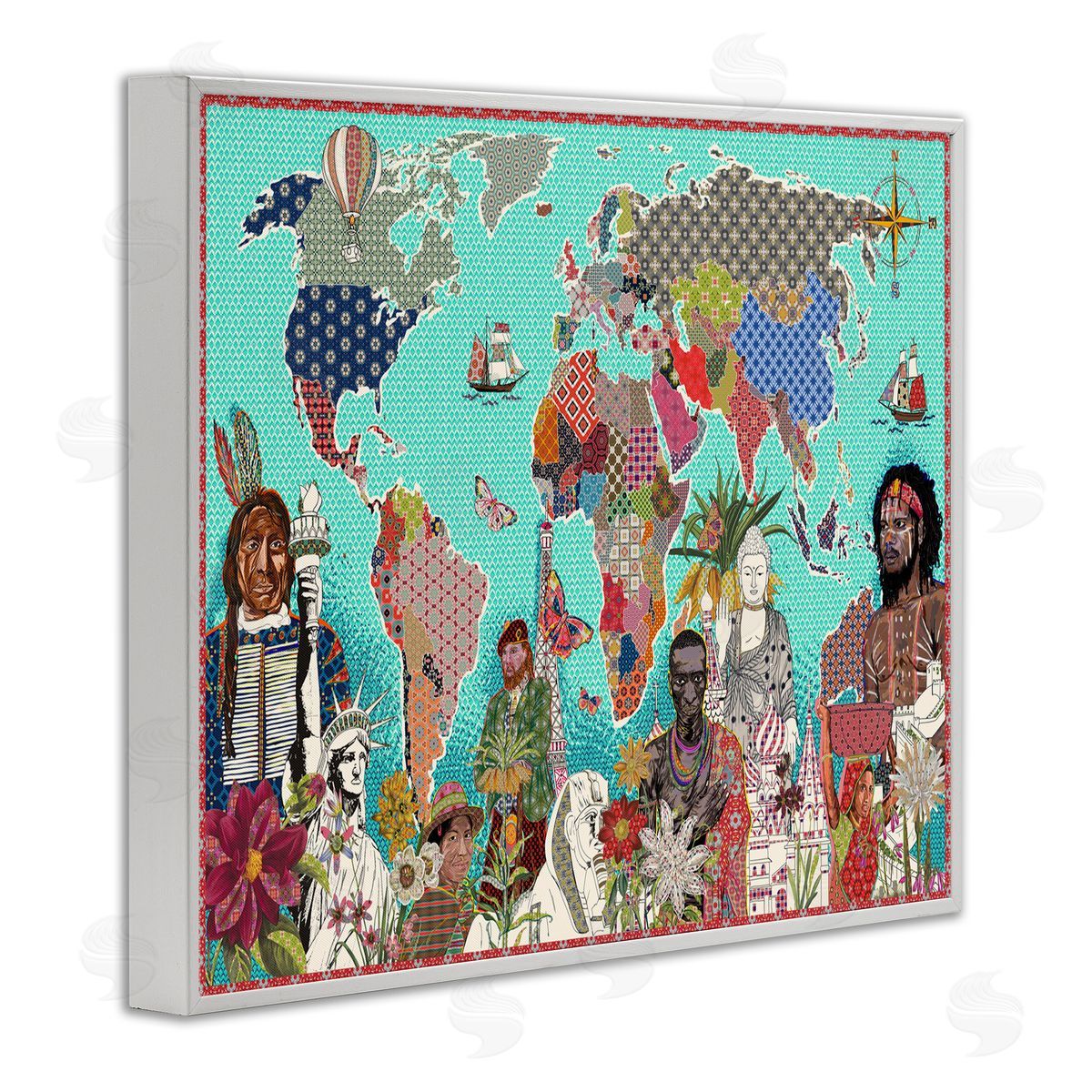Sangita Bachelet Geometric Pattern World Map White Framed Giclee Wall Art