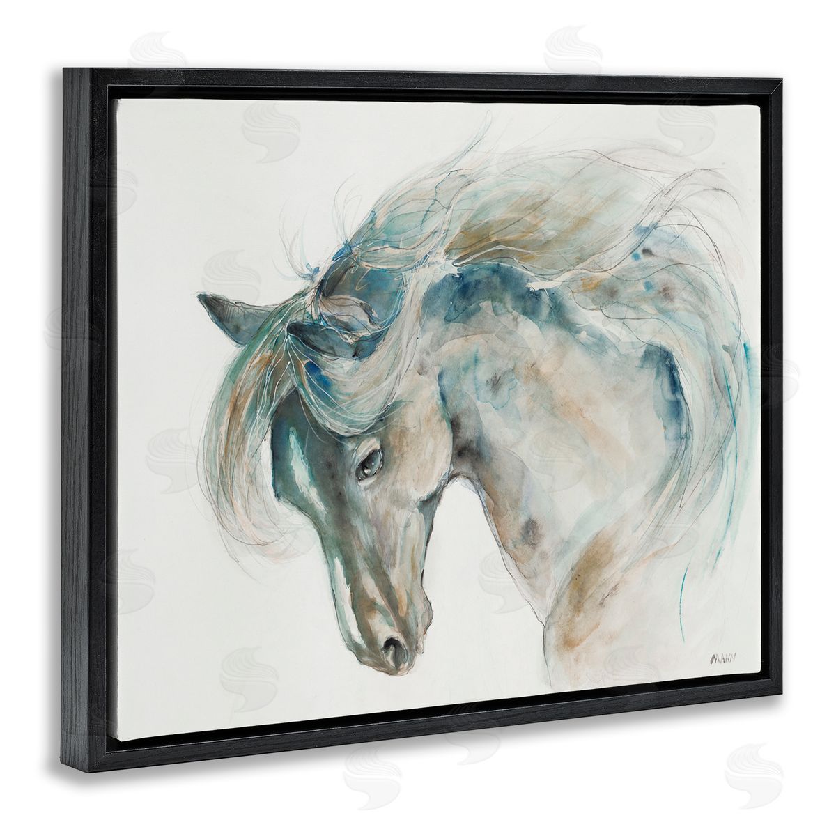 Patti Mann Watercolor Horse Blue Beige Black Floater Frame Canvas Art