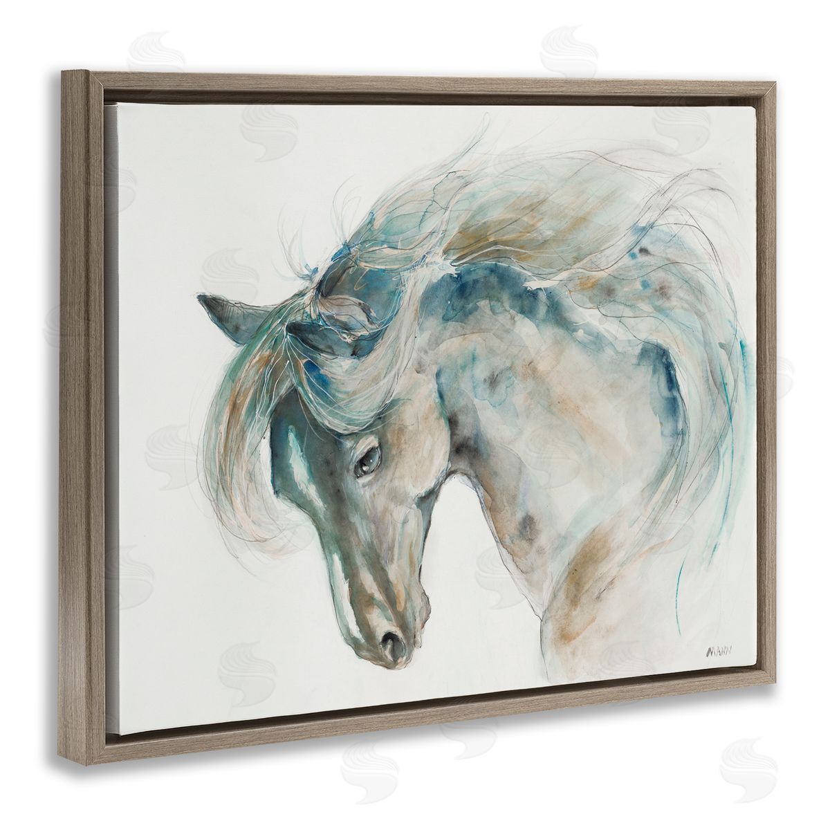 Patti Mann Watercolor Horse Blue Beige Brown Floater Frame Canvas Art