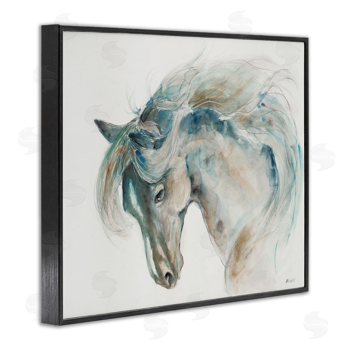 Patti Mann Watercolor Horse Blue Beige Black Framed Giclee Wall Art