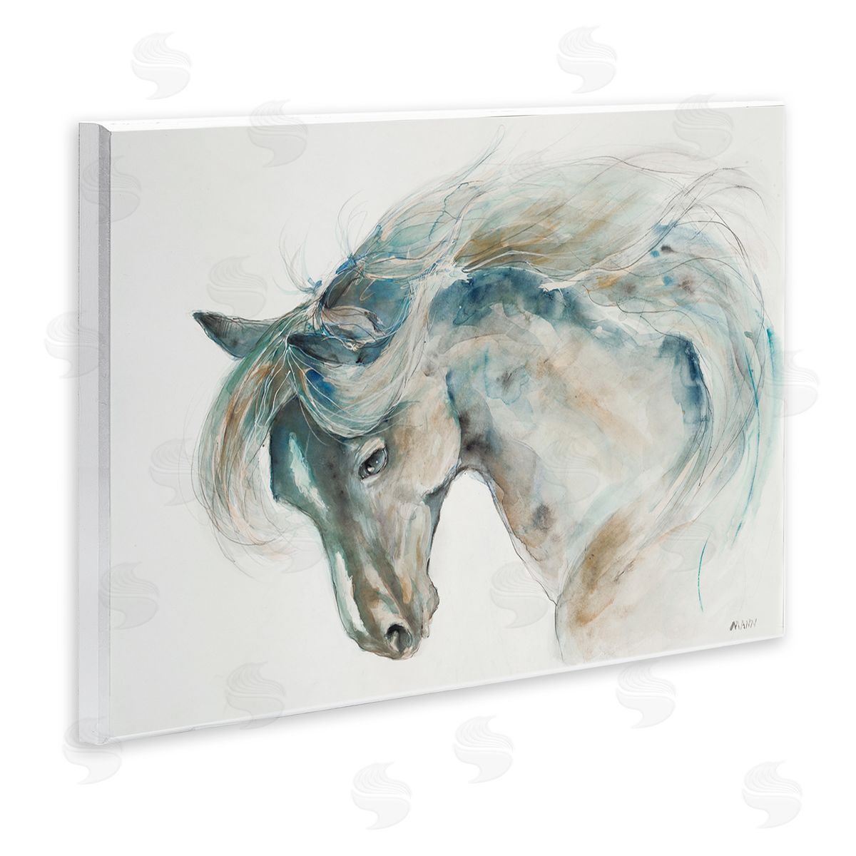 Patti Mann Watercolor Horse Blue Beige Wall Plaque Art