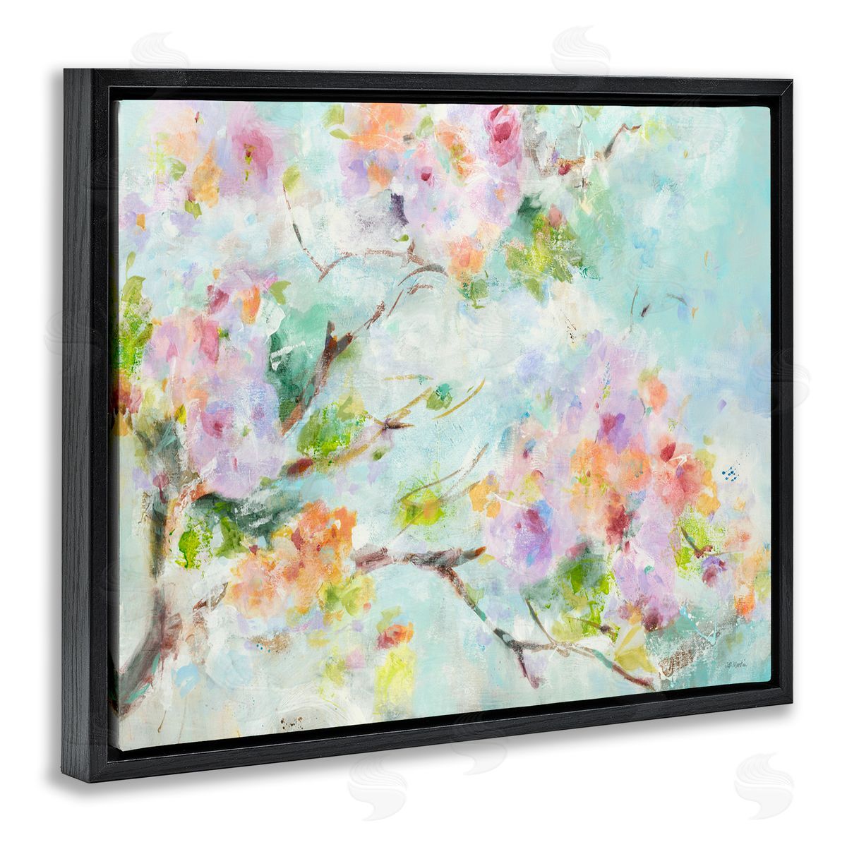 Jill Martin Soft Floral Branch Pink Flowers Black Floater Frame Canvas Art