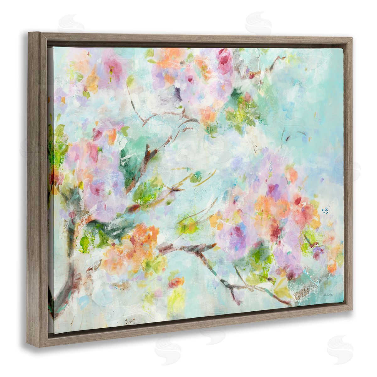 Jill Martin Soft Floral Branch Pink Flowers Brown Floater Frame Canvas Art