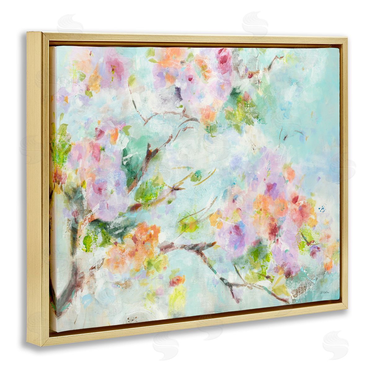 Jill Martin Soft Floral Branch Pink Flowers Gold Floater Frame Canvas Art