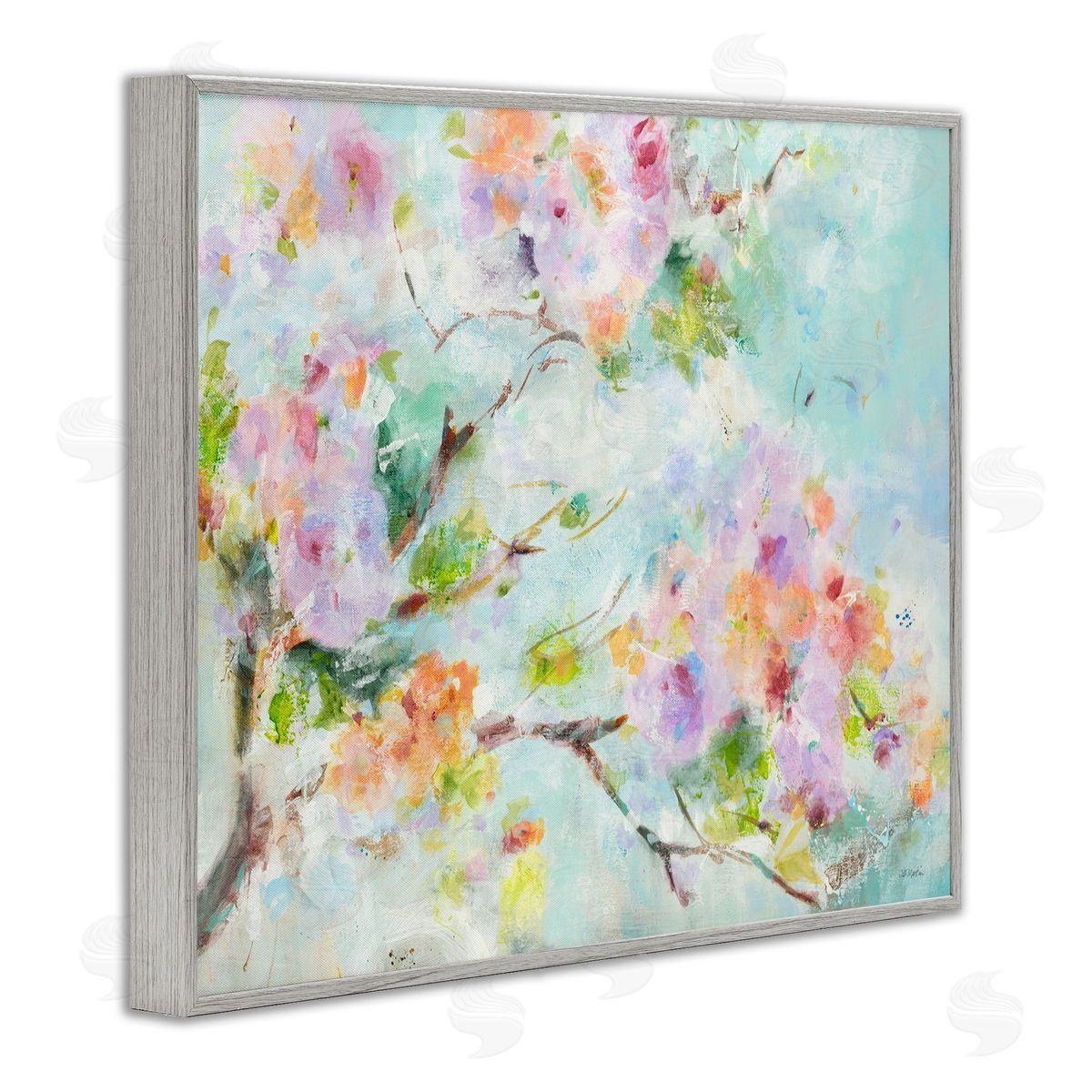 Jill Martin Soft Floral Branch Pink Flowers Gray Framed Giclee Wall Art