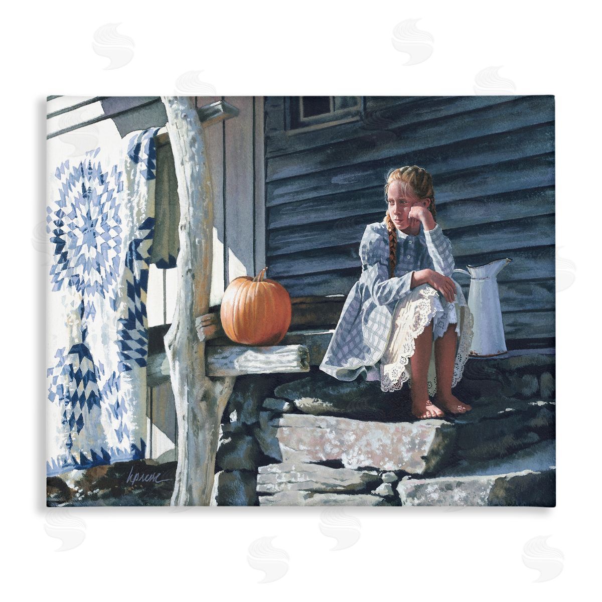 Heide Presse Girl in Plaid Dress on Porch Canvas Wall Art