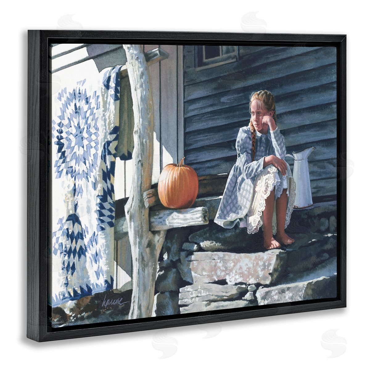 Heide Presse Girl in Plaid Dress on Porch Black Floater Frame Canvas Art