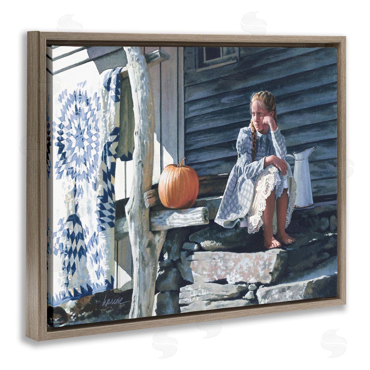 Heide Presse Girl in Plaid Dress on Porch Brown Floater Frame Canvas Art