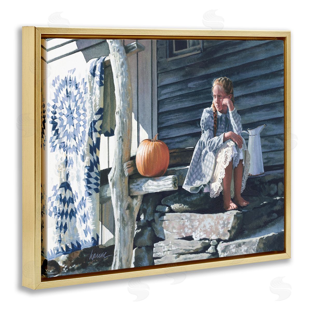 Heide Presse Girl in Plaid Dress on Porch Gold Floater Frame Canvas Art