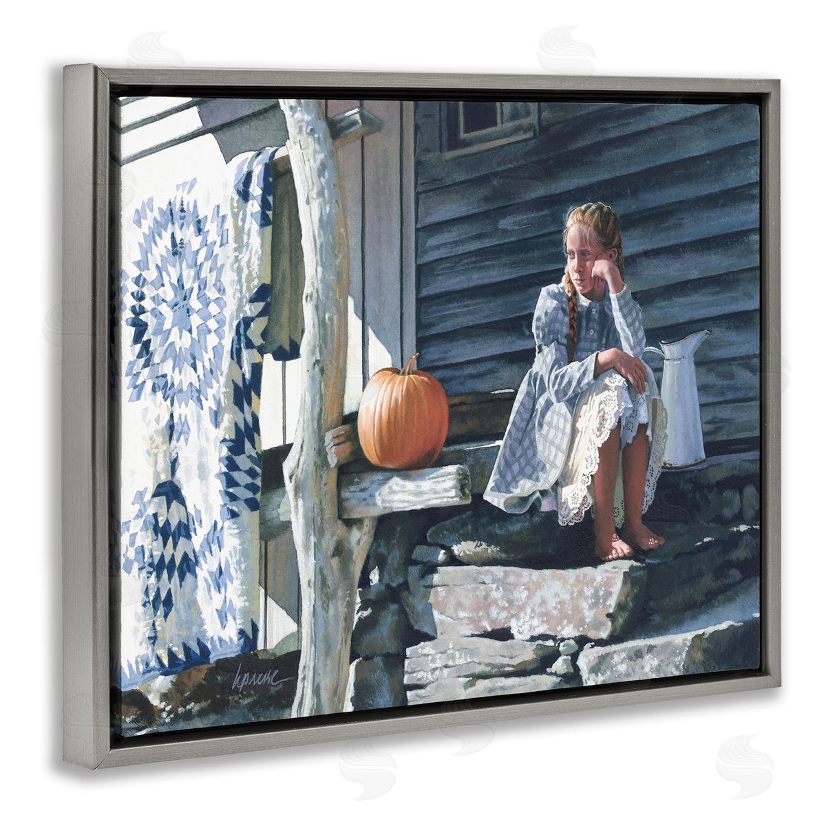 Heide Presse Girl in Plaid Dress on Porch Gray Floater Frame Canvas Art