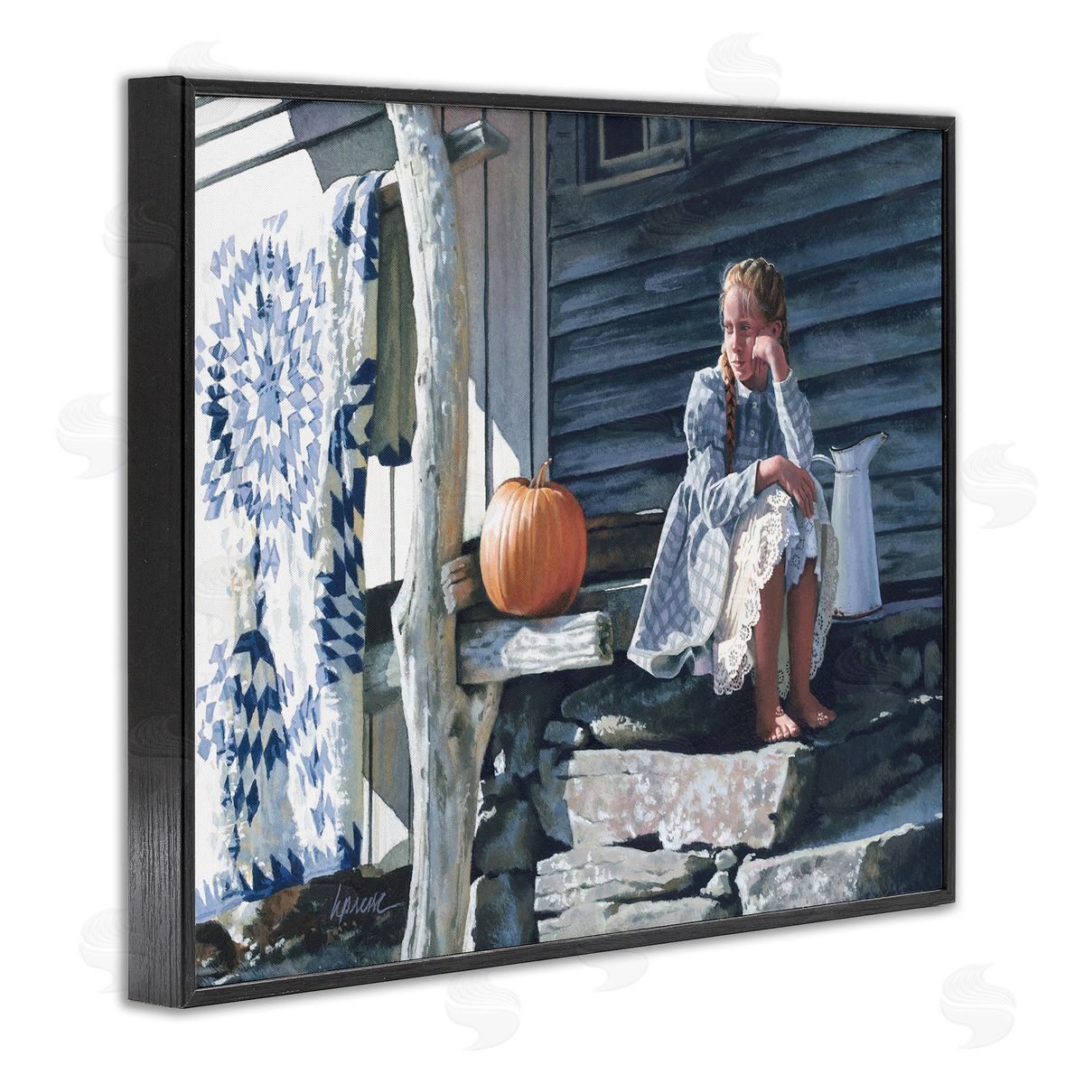 Heide Presse Girl in Plaid Dress on Porch Black Framed Giclee Wall Art