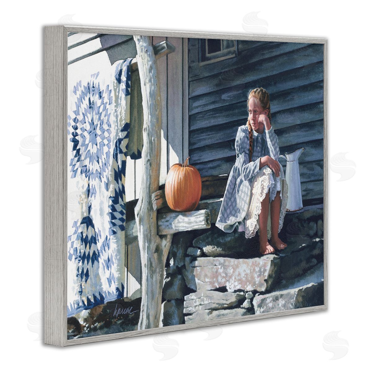 Heide Presse Girl in Plaid Dress on Porch Gray Framed Giclee Wall Art