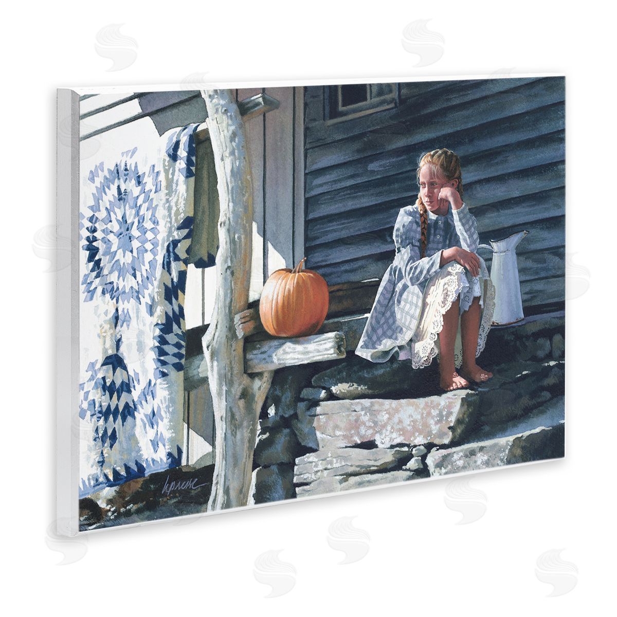 Heide Presse Girl in Plaid Dress on Porch Wall Plaque Art