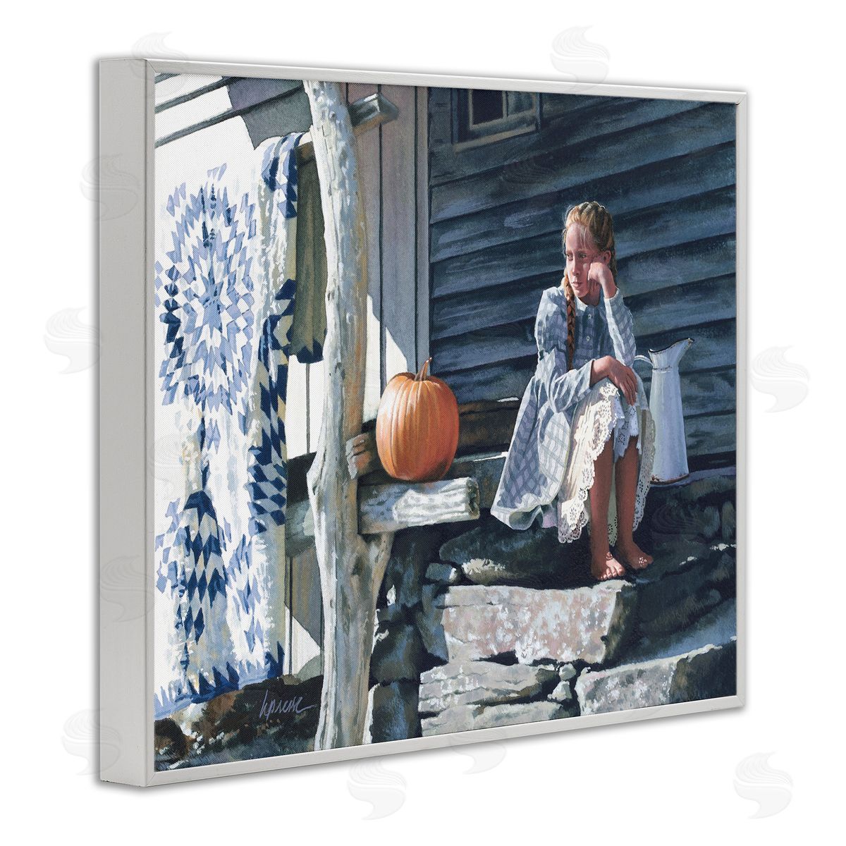 Heide Presse Girl in Plaid Dress on Porch White Framed Giclee Wall Art