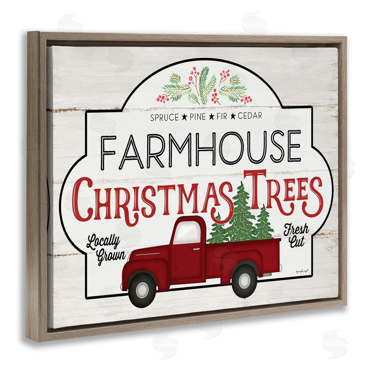 Jennifer Pugh Farmhouse Christmas Tree Vintage Sign Brown Floater Frame Canvas Art