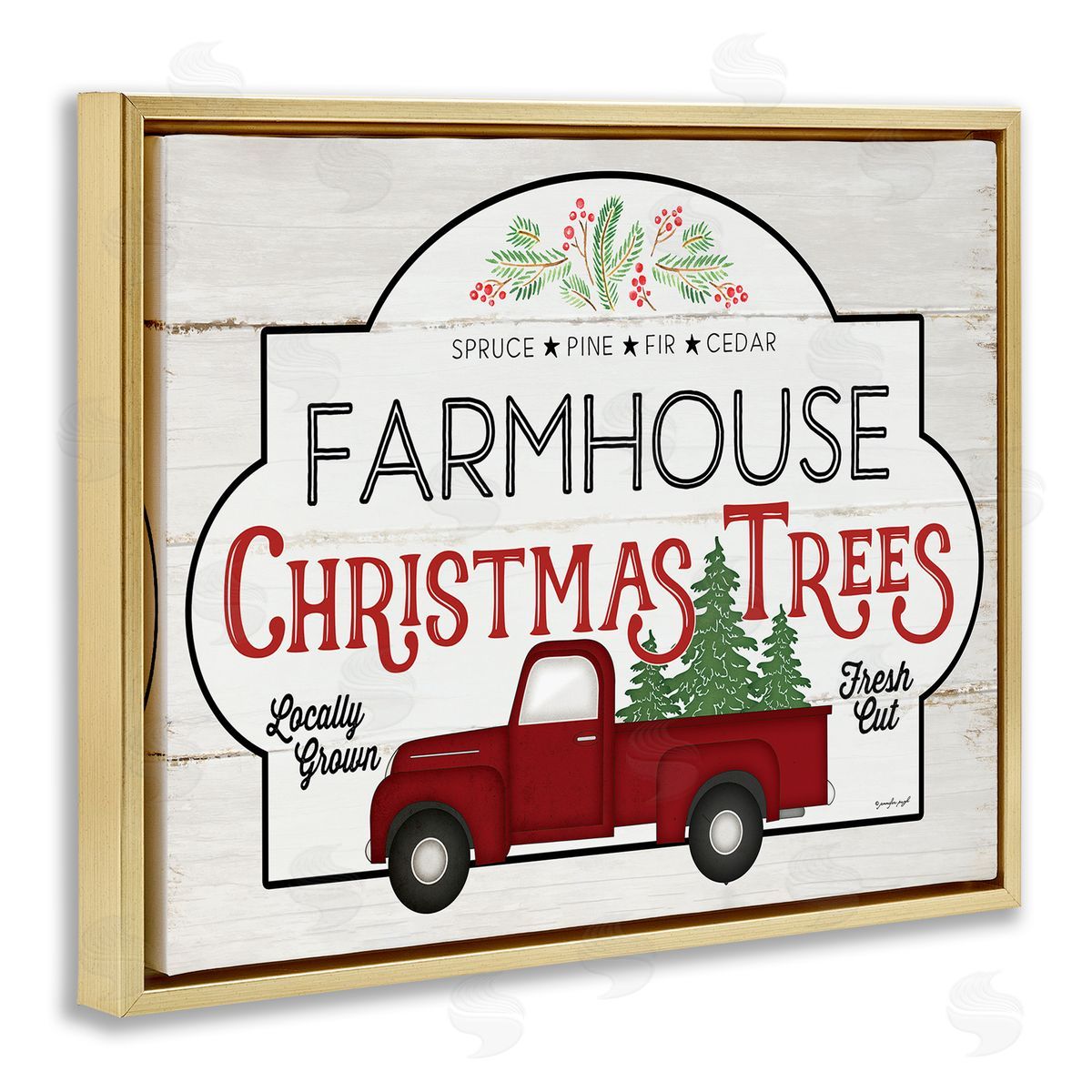Jennifer Pugh Farmhouse Christmas Tree Vintage Sign Gold Floater Frame Canvas Art