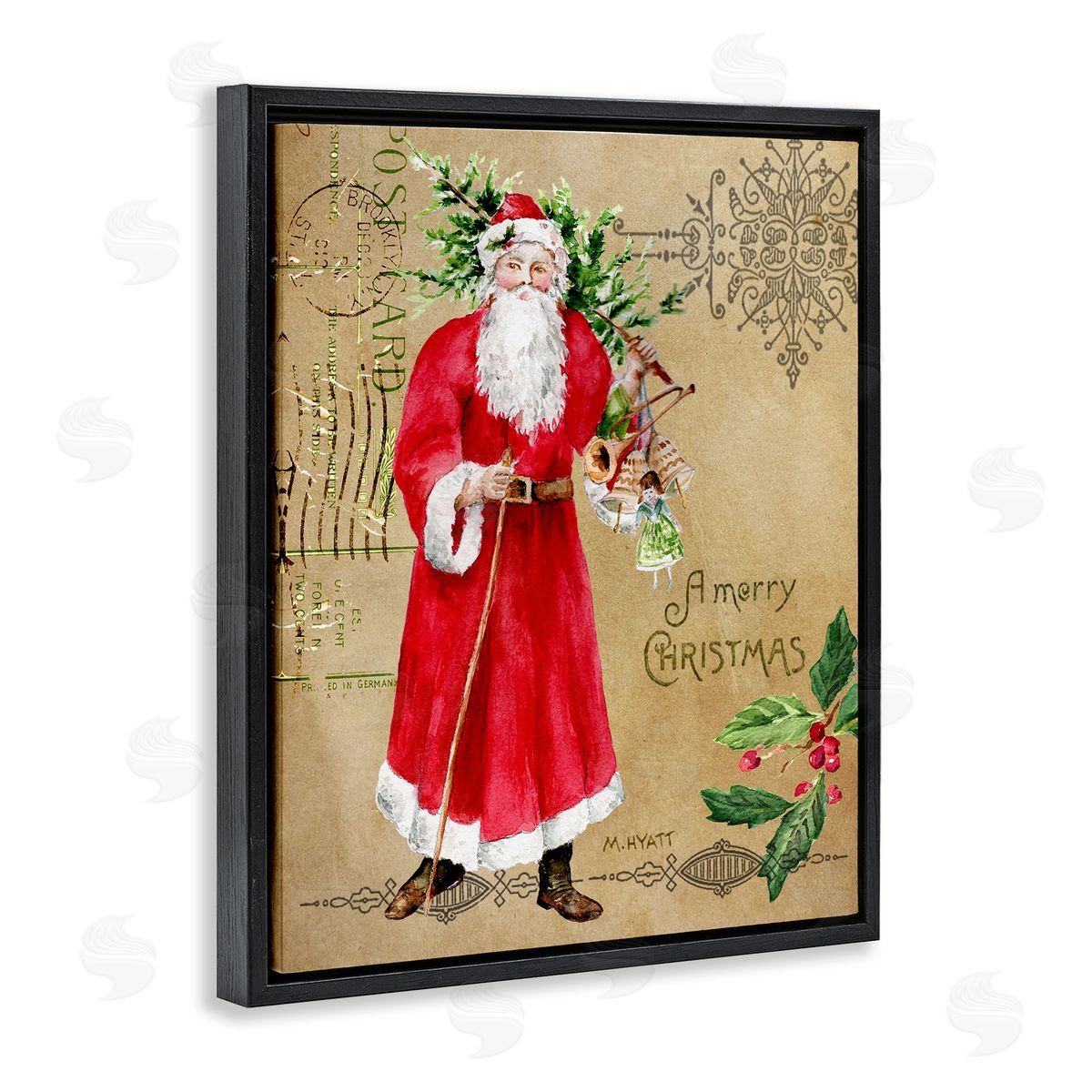 Melissa Hyatt Vintage Santa Claus Postal Design Black Floater Frame Canvas Art