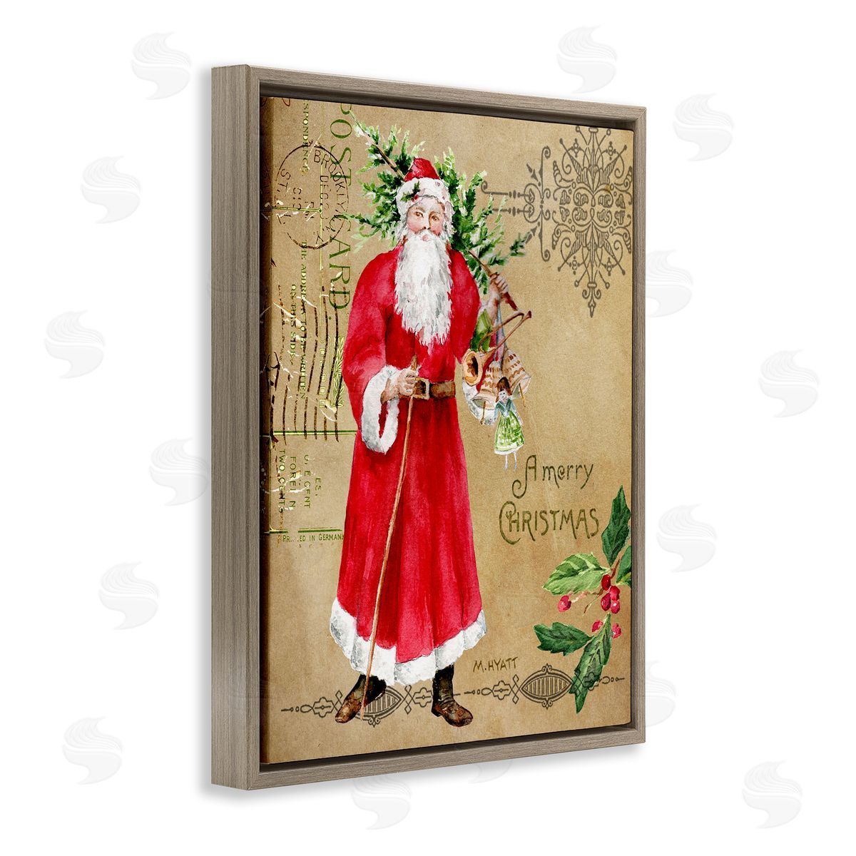 Melissa Hyatt Vintage Santa Claus Postal Design Brown Floater Frame Canvas Art