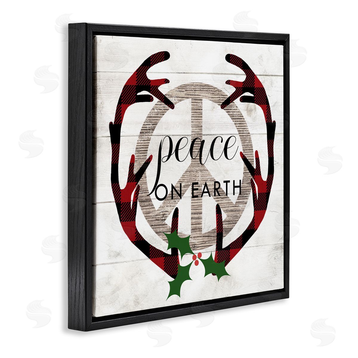 Stupell Studio Rustic Peace on Earth Holiday Plaid Antlers Black Floater Frame Canvas Art