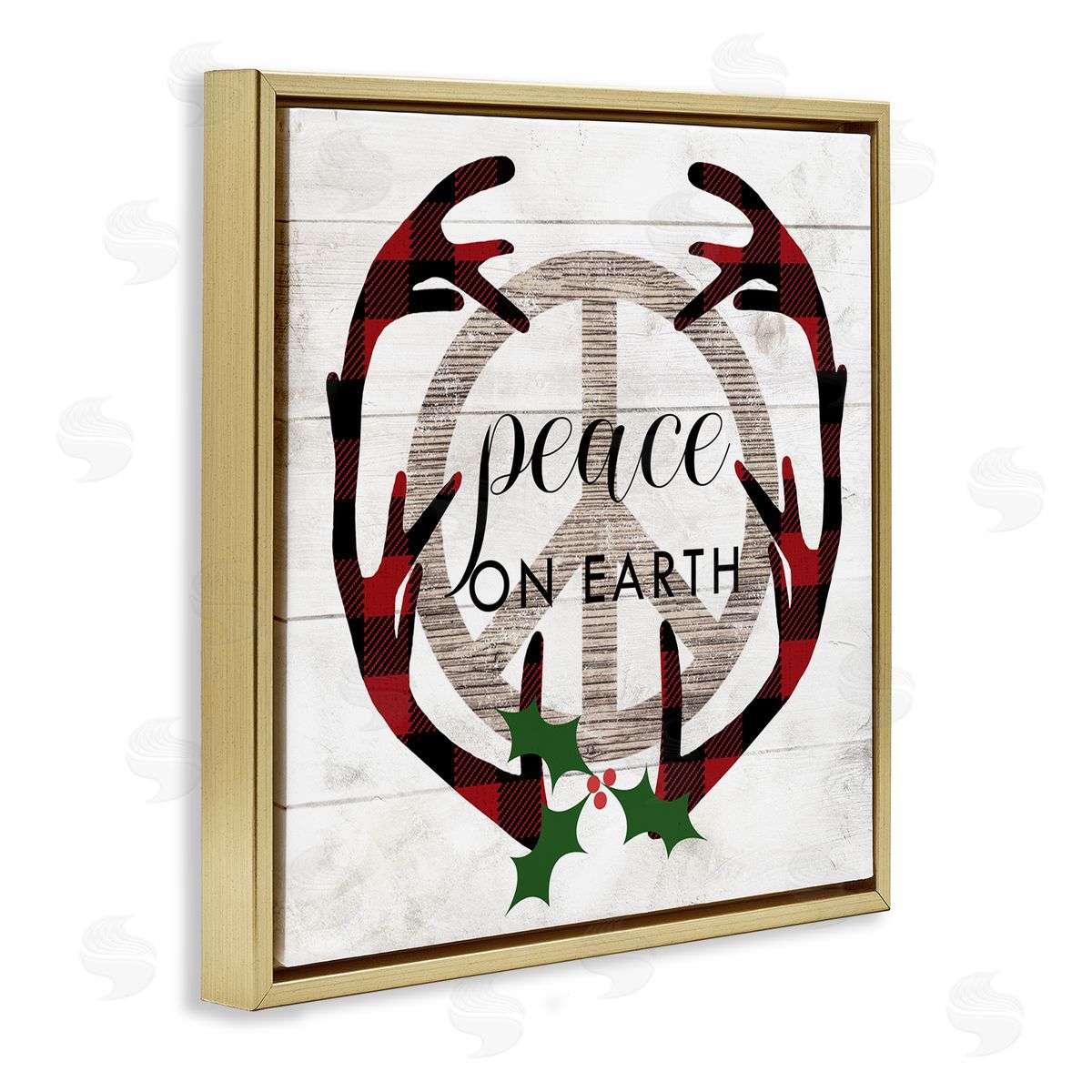 Stupell Studio Rustic Peace on Earth Holiday Plaid Antlers Gold Floater Frame Canvas Art