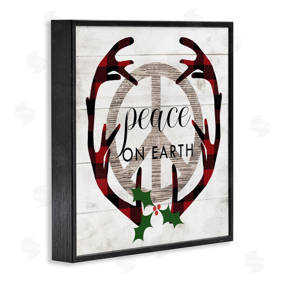 Stupell Studio Rustic Peace on Earth Holiday Plaid Antlers Black Framed Giclee Wall Art