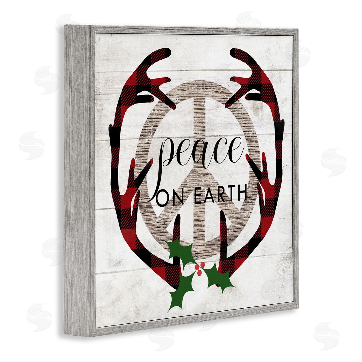 Stupell Studio Rustic Peace on Earth Holiday Plaid Antlers Gray Framed Giclee Wall Art