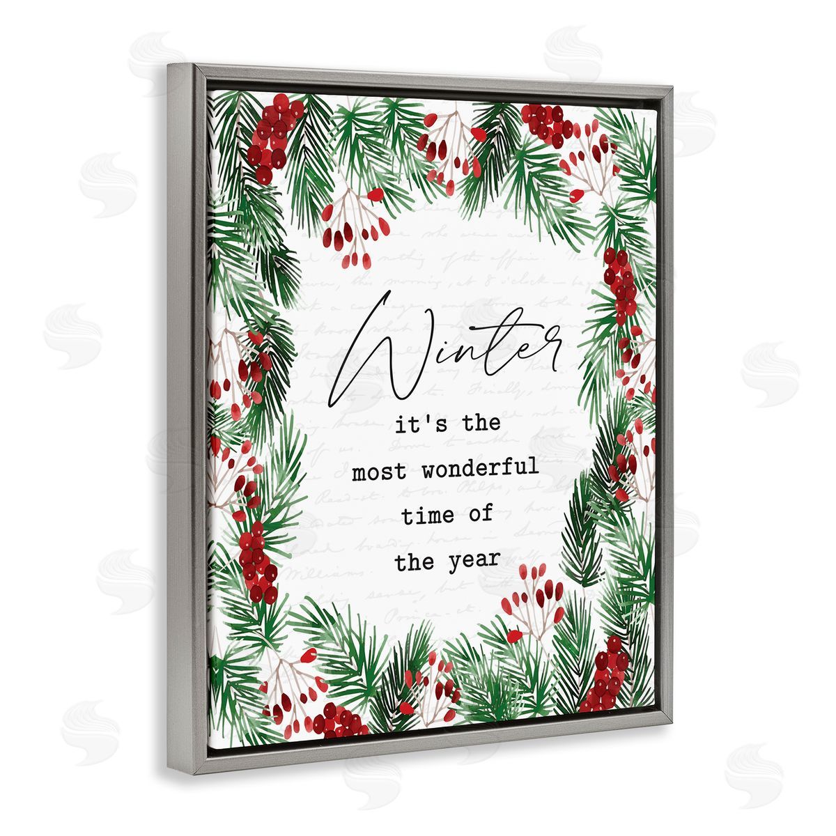 Lettered and Lined Most Wonderful Time Winter Wreath Gray Floater Frame Canvas Art