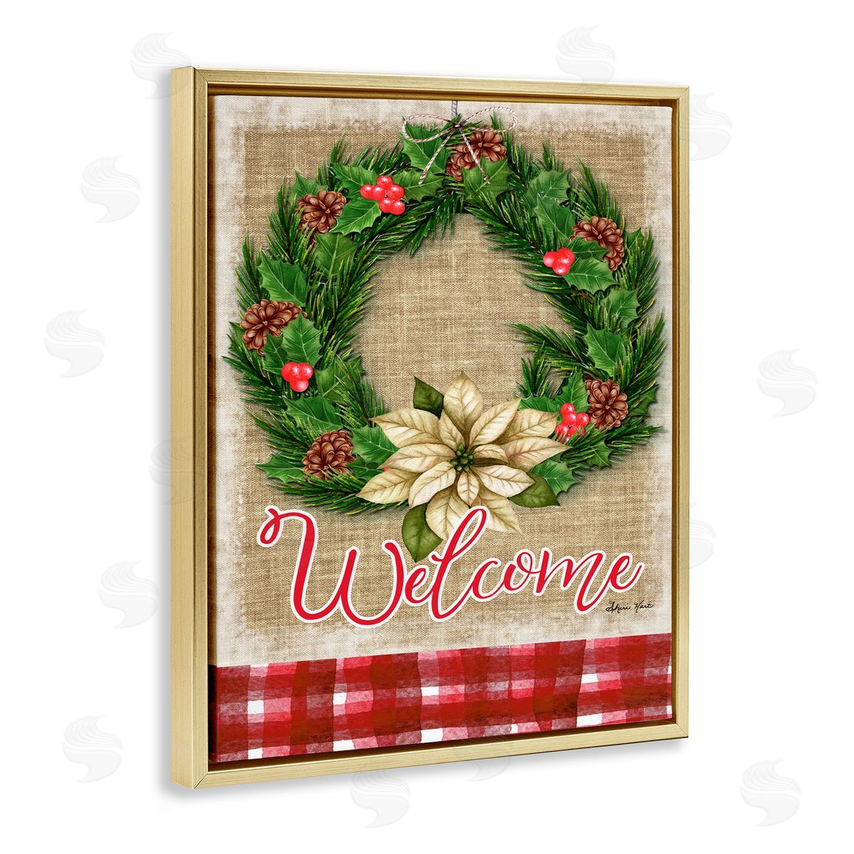 Sheri Hart Welcome Cottage Wreath Pinecones Gold Floater Frame Canvas Art