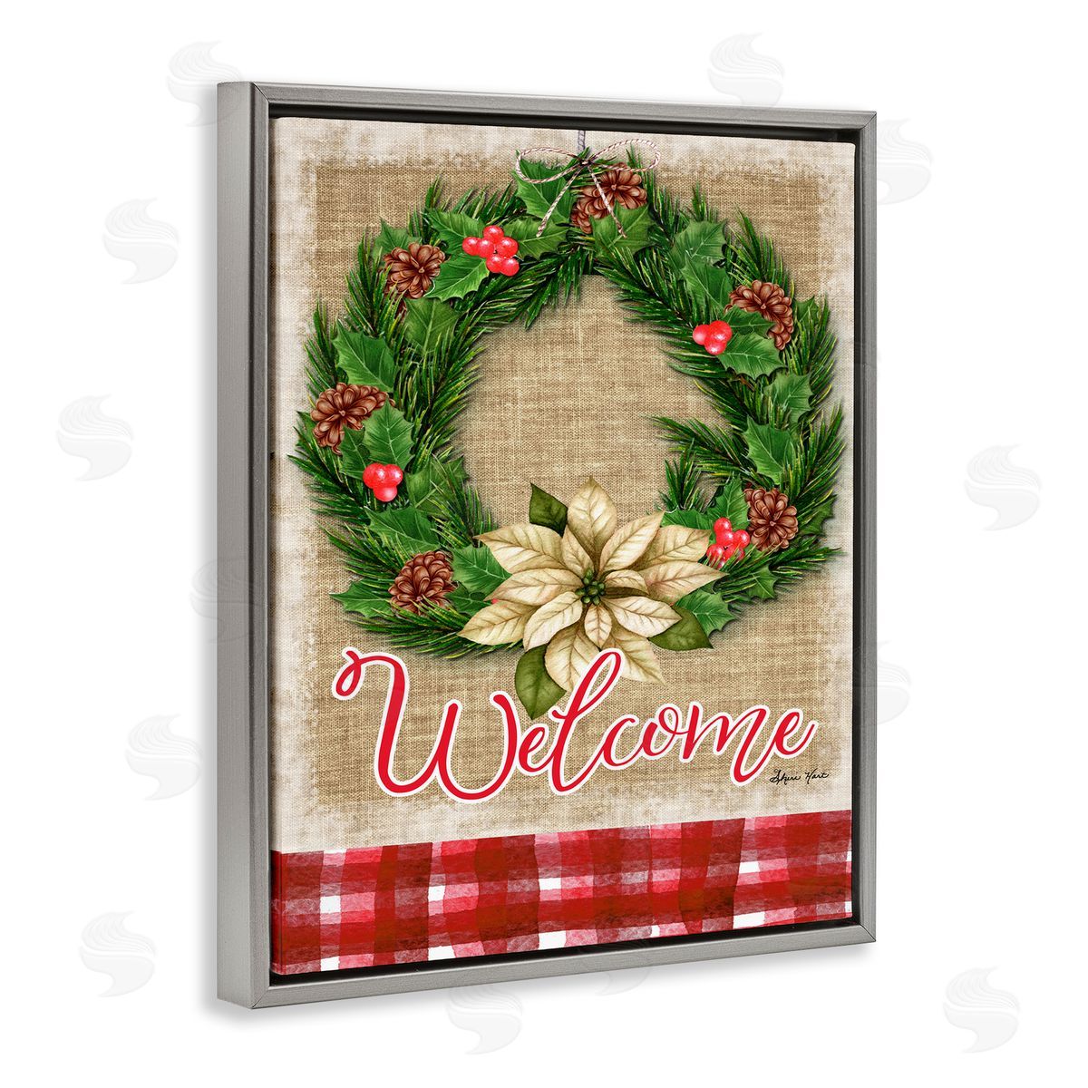 Sheri Hart Welcome Cottage Wreath Pinecones Gray Floater Frame Canvas Art
