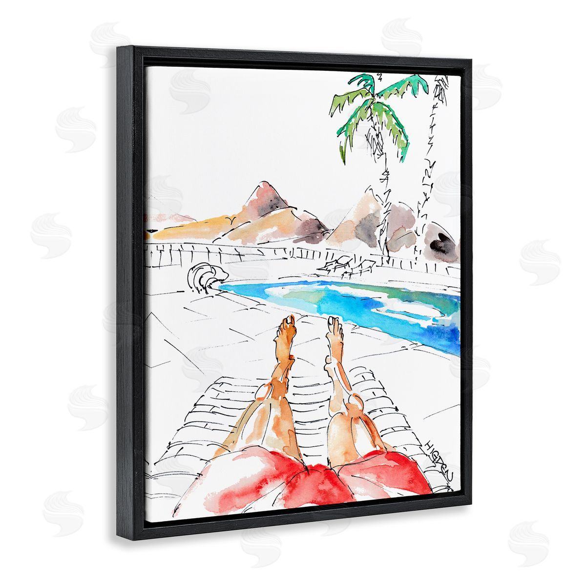 Mark Higden Poolside Man Red Bathing Suit Black Floater Frame Canvas Art
