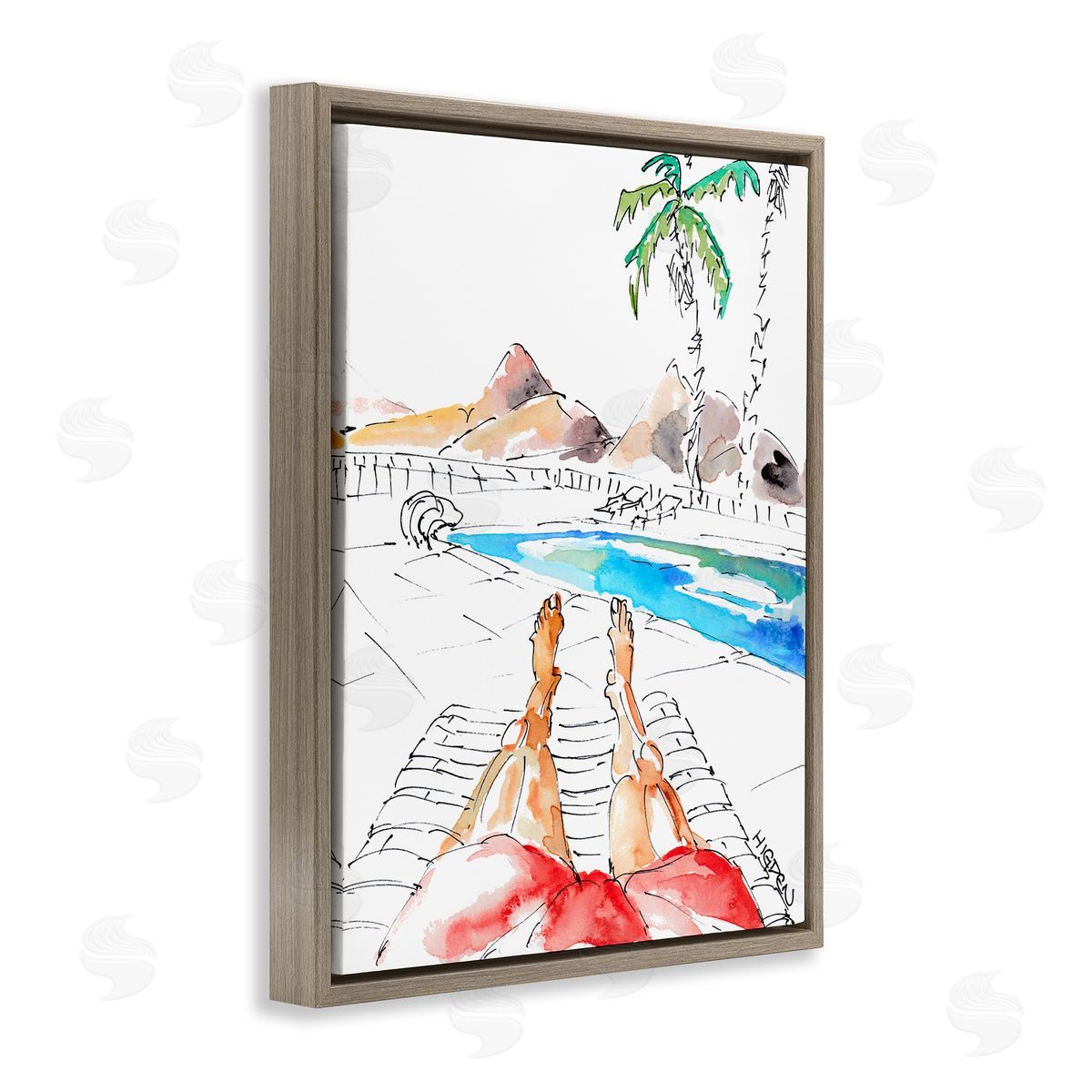 Mark Higden Poolside Man Red Bathing Suit Brown Floater Frame Canvas Art