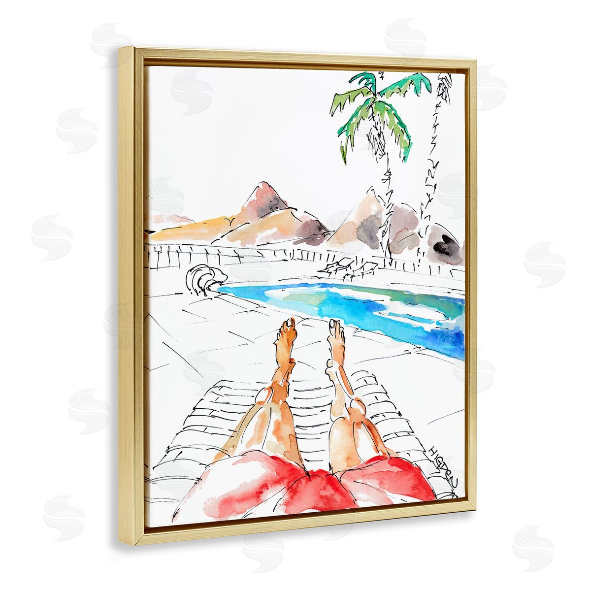 Mark Higden Poolside Man Red Bathing Suit Gold Floater Frame Canvas Art