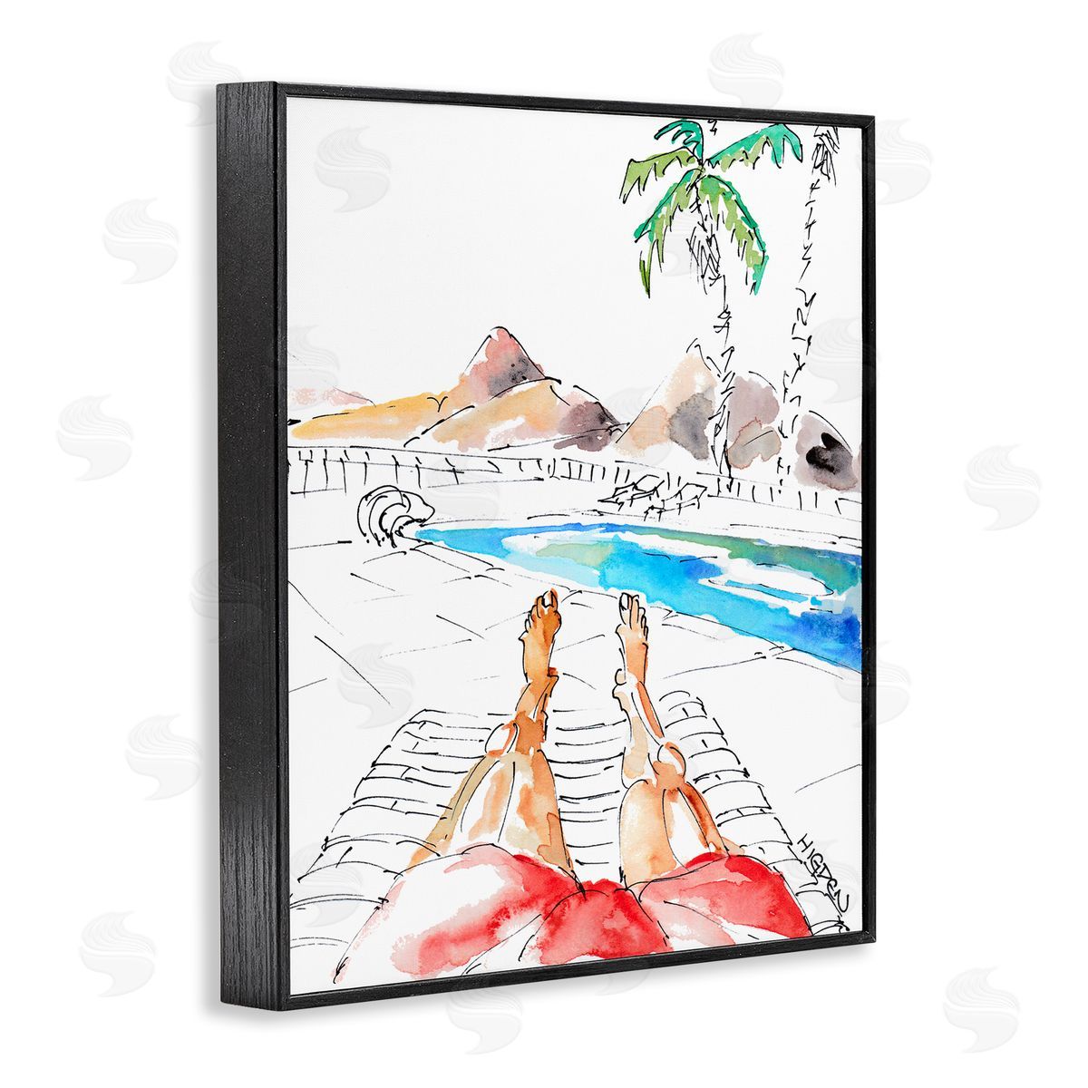 Mark Higden Poolside Man Red Bathing Suit Black Framed Giclee Wall Art