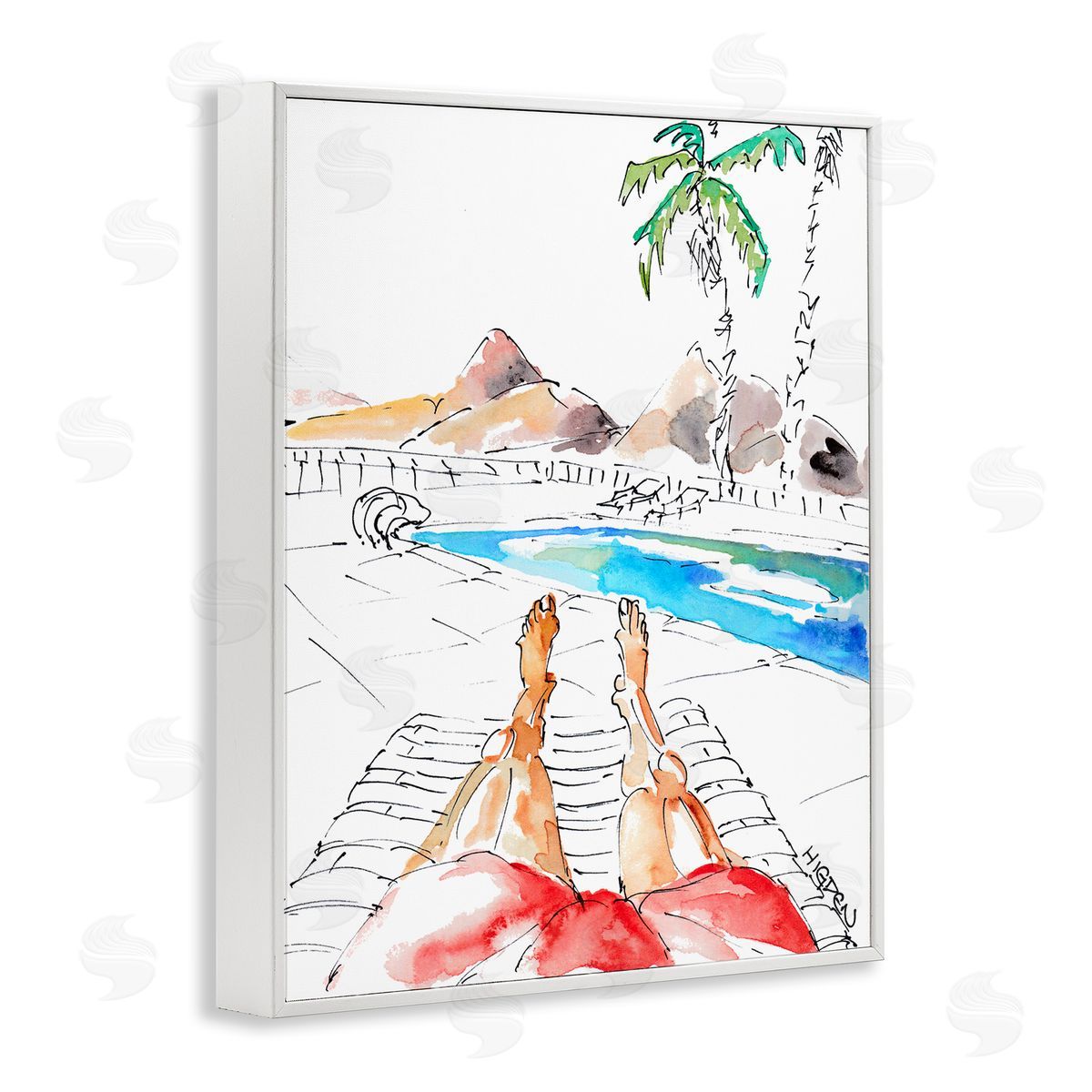 Mark Higden Poolside Man Red Bathing Suit White Framed Giclee Wall Art