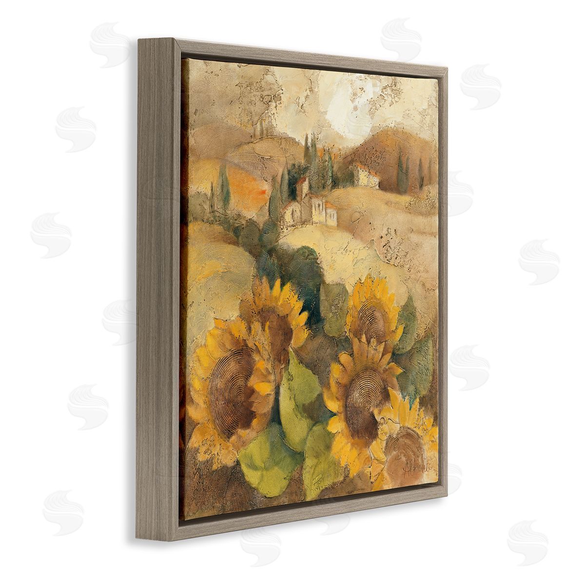Albena Hristova Soft Vintage Tuscan Sunflowers Brown Floater Frame Canvas Art