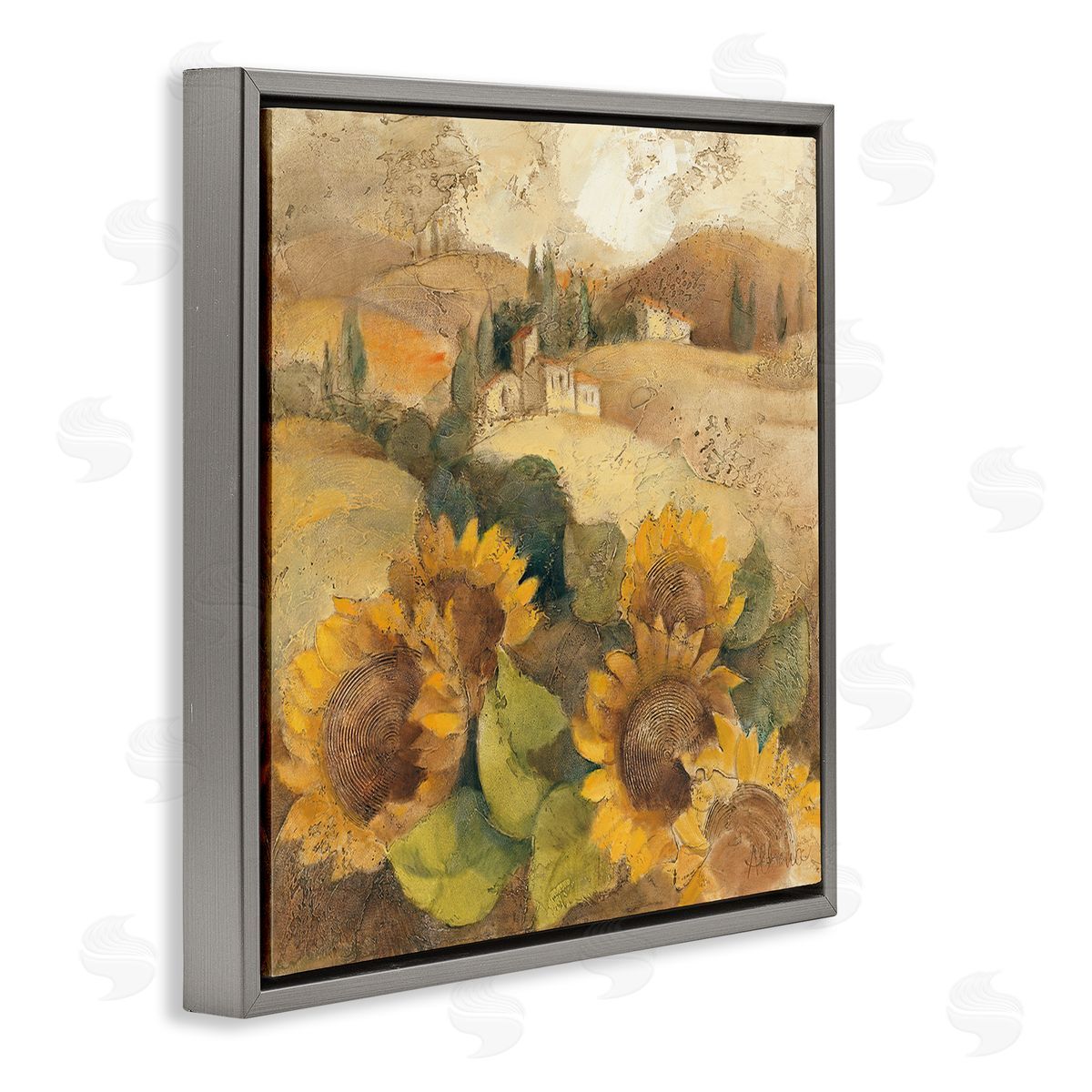Albena Hristova Soft Vintage Tuscan Sunflowers Gray Floater Frame Canvas Art