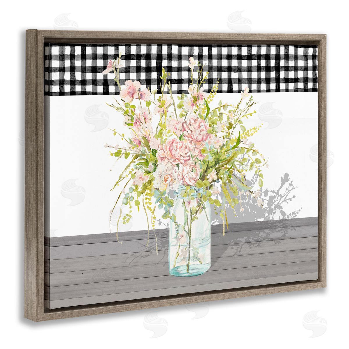 Patricia Pinto Pink Rose Bouquet Gingham Plaid Brown Floater Frame Canvas Art
