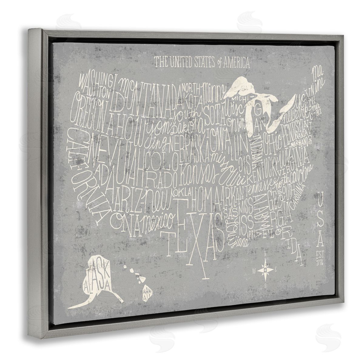Michael Mullan Distressed US Map Typography Gray Floater Frame Canvas Art