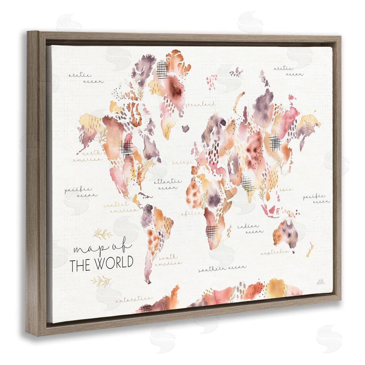 Laura Marshall Abstract Floral World Map Watercolor Brown Floater Frame Canvas Art