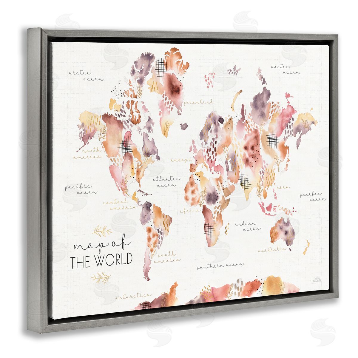 Laura Marshall Abstract Floral World Map Watercolor Gray Floater Frame Canvas Art