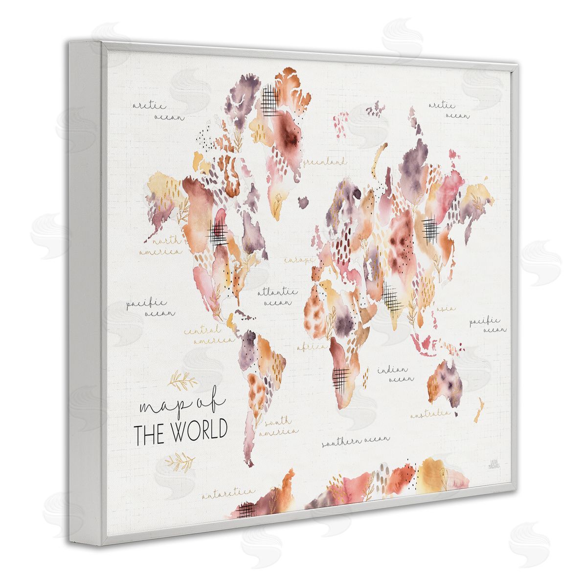 Laura Marshall Abstract Floral World Map Watercolor White Framed Giclee Wall Art