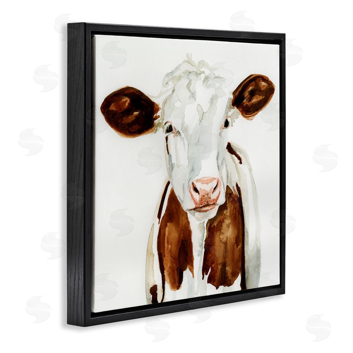 Farm Cow Neutral Watercolor Black Floating Frame Canvas Wall Art, Home Decor by Victoria Barnes