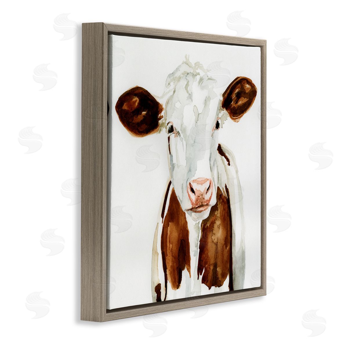 Farm Cow Neutral Watercolor Brown Floating Frame Canvas Wall Art, Home Decor by Victoria Barnes