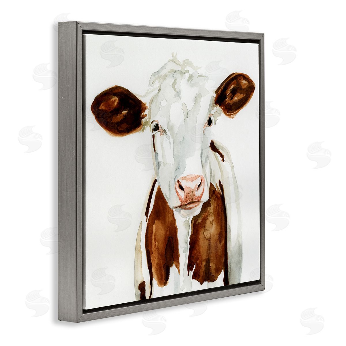 Farm Cow Neutral Watercolor Grey Floating Frame Canvas Wall Art, Home Decor by Victoria Barnes