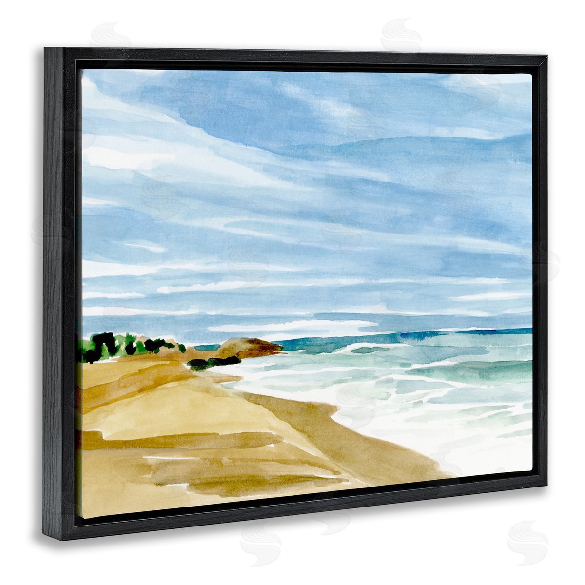 Annie Warren Calm Coastline Watercolor Landscape Black Floater Frame Canvas Art