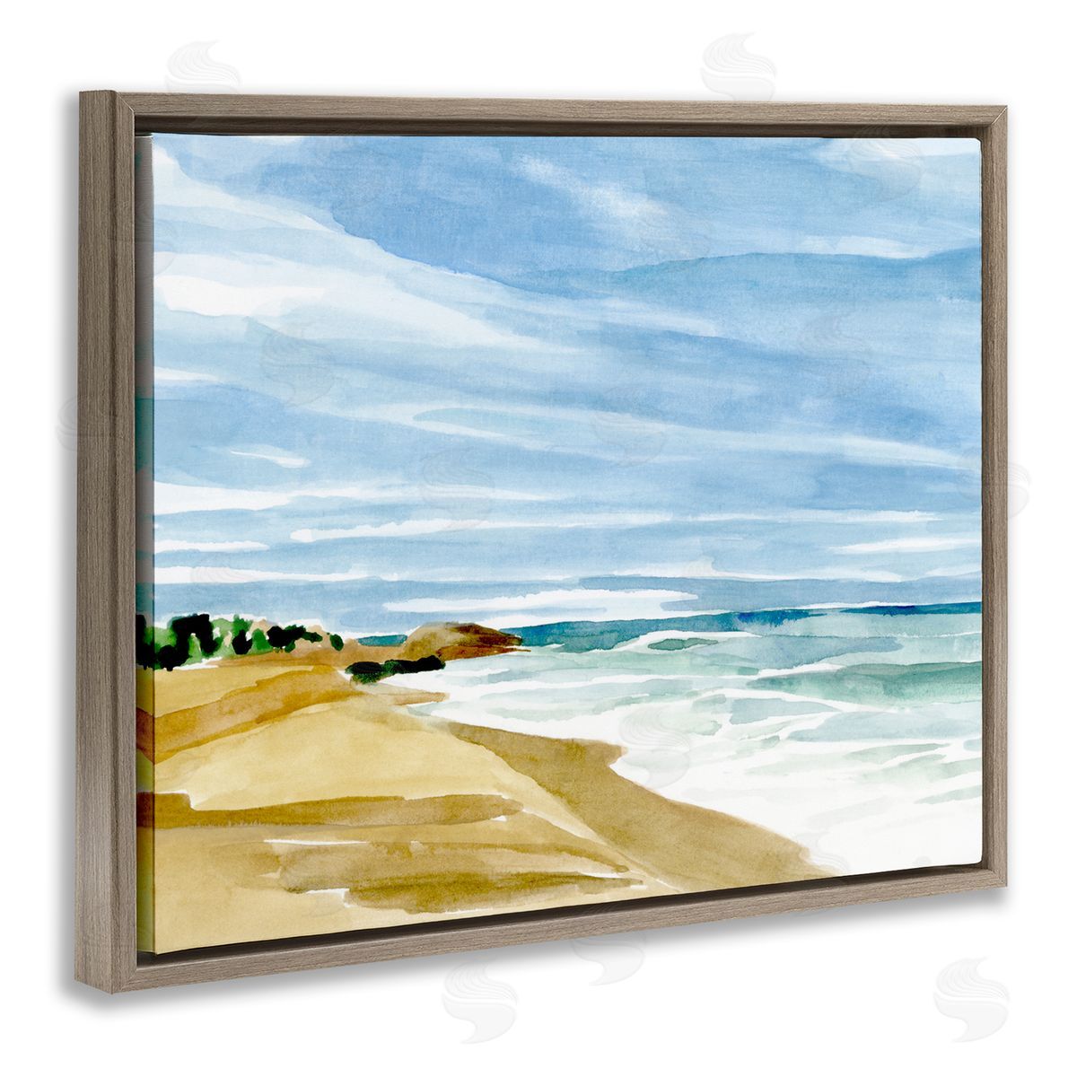 Annie Warren Calm Coastline Watercolor Landscape Brown Floater Frame Canvas Art
