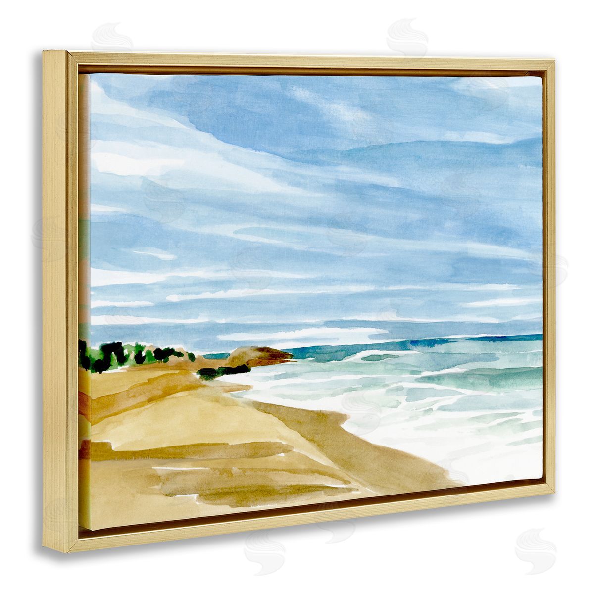 Annie Warren Calm Coastline Watercolor Landscape Gold Floater Frame Canvas Art