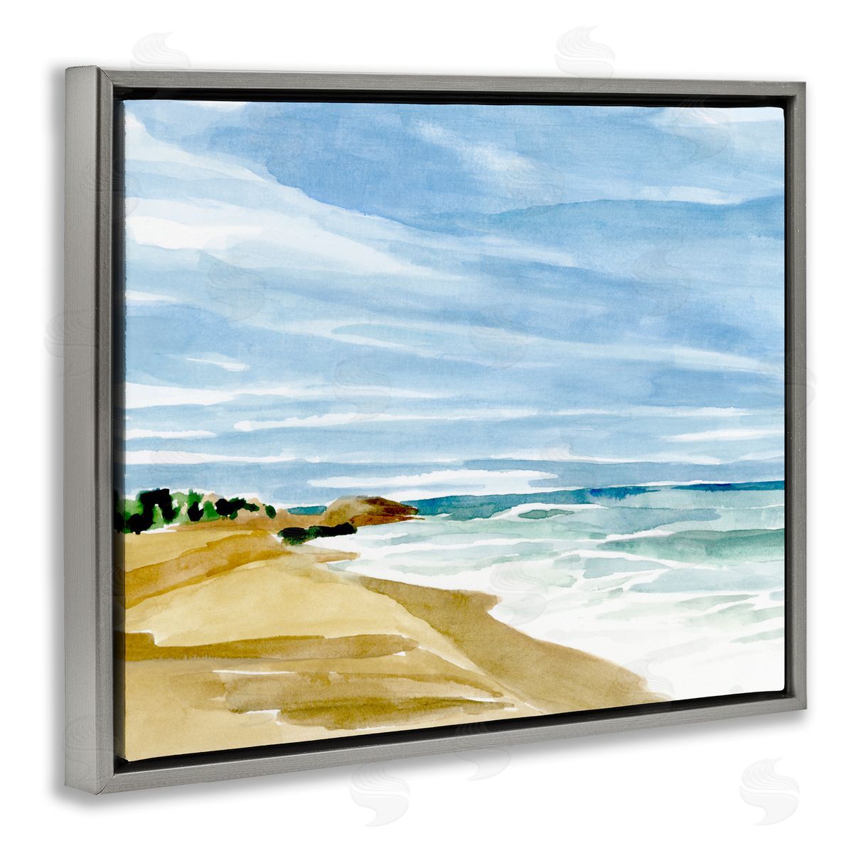 Annie Warren Calm Coastline Watercolor Landscape Gray Floater Frame Canvas Art